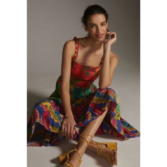 NWT Farm Rio Dress Floral Maxi Red Green Size S - Picture 1 of 16